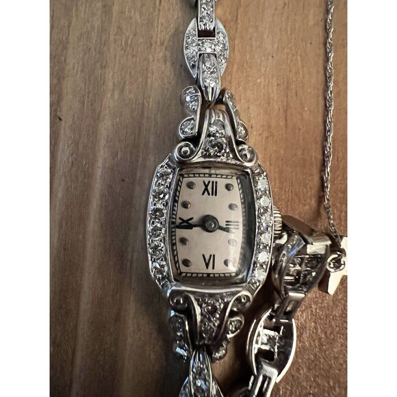 Art Deco Platinum and Diamond watch women’s with Appraisal Paperwork Working main image 14